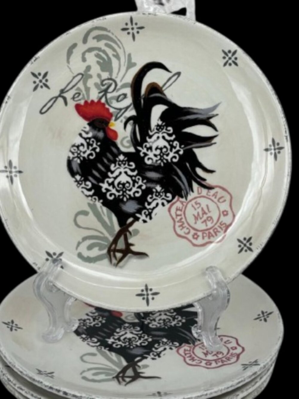 Damask Rooster by Certified INTL Jennifer Brinley Stoneware 8" Plates Set of 4 - Picture 2 of 4